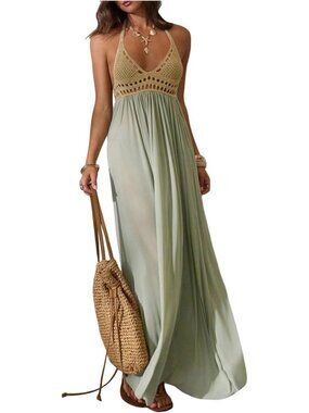 Boho Crochet Maxi Dress - Backless Halter, Flowy A-Line for Beach & Wedding